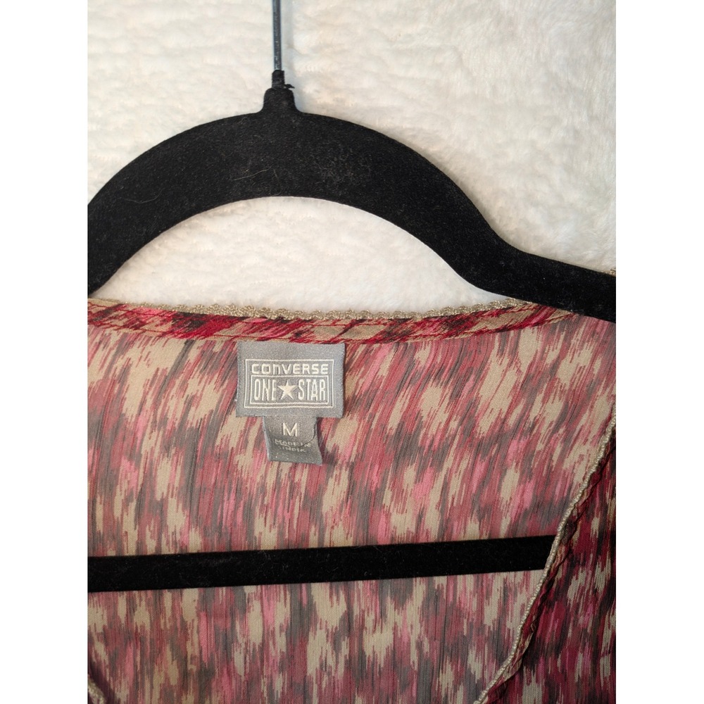 Converse One Star Women Medium Burgundy Abstract Ikat Sheer Chiffon Blouse Top - Picture 4 of 8
